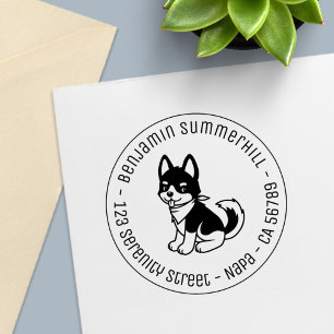 Black and White Husky Puppy Dog Round Address Self-inking Stamp