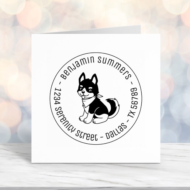 Black and White Husky Puppy Dog Round Address Self-inking Stamp (Creator Uploaded)