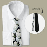 Black and White Hydrangea Groomsmen Tie<br><div class="desc">White hydrangea flowers on a black background. Personalised with wedding date and bride and groom's names.</div>