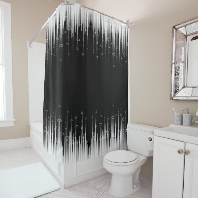 Black And White Hypnotic Circled Line Streaks Art Shower Curtain (In Situ)