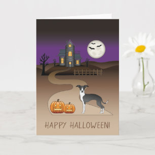 Black And White Iggy And Halloween Haunted House Card