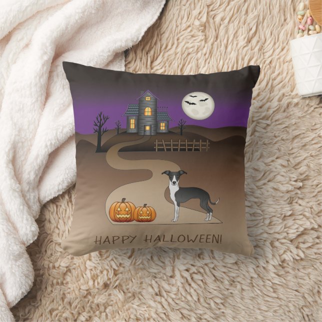 Black And White Iggy And Halloween Haunted House Cushion (Blanket)