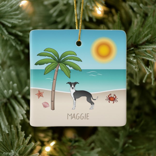 Black And White Iggy Dog At Tropical Summer Beach Ceramic Ornament (Tree)