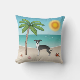 Black And White Iggy Dog At Tropical Summer Beach Cushion