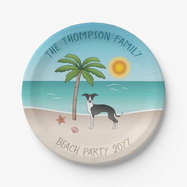 Black And White Iggy Dog At Tropical Summer Beach Paper Plate (Front)