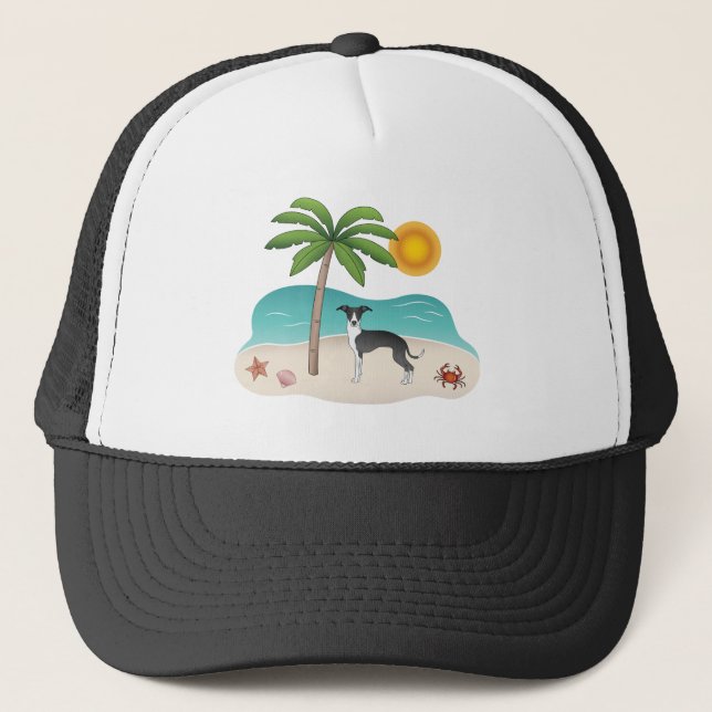 Black And White Iggy Dog At Tropical Summer Beach Trucker Hat (Front)