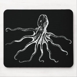 Black and White Illustrated Octopus Sea Creature Mouse Mat
