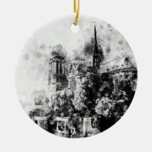 Black and White Illustration Notre-Dame Cathedral Ceramic Tree Decoration