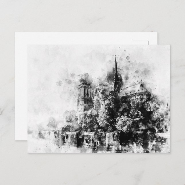 Black and White Illustration Notre-Dame Cathedral Postcard (Front/Back)