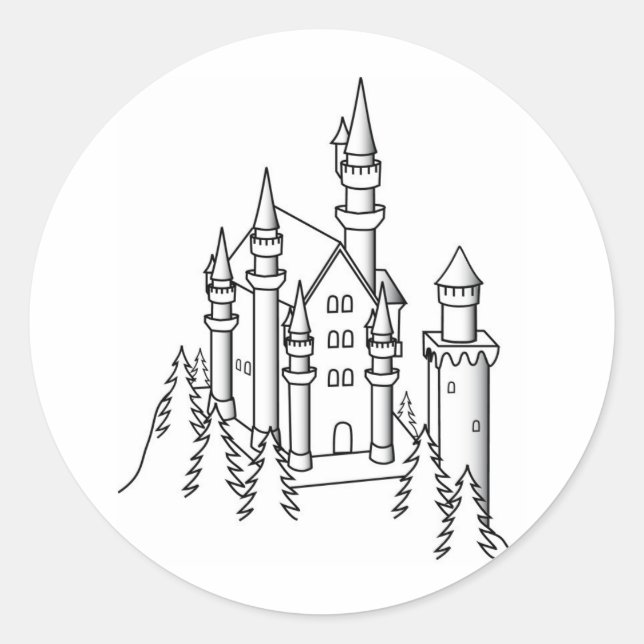 Black and White Illustration of a Castle Surrounde Classic Round Sticker (Front)