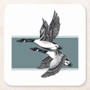 Black and white illustration of Canada Geese Square Paper Coaster