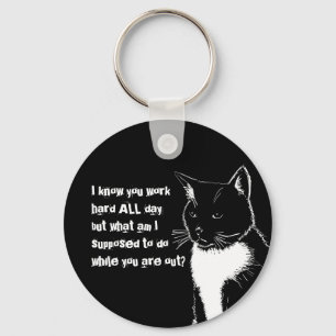 Black and white illustration of Funny Cat Key Ring