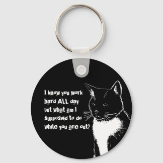 Black and white illustration of Funny Cat Key Ring