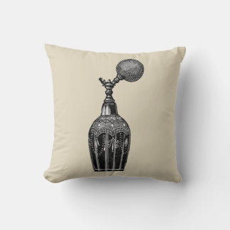 black and white illustration, perfume bottle, cushion