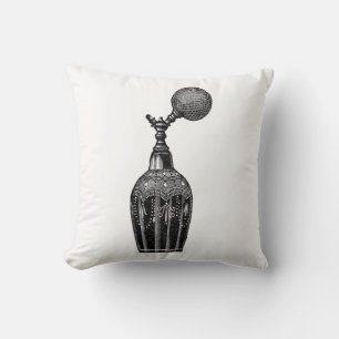 black and white illustration, perfume bottle, cushion