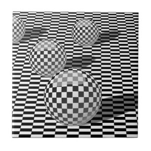 Black and white illustration with balls on a chess tile