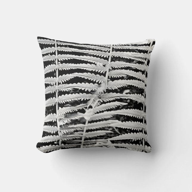 Black and white image of forest fern cushion (Front)