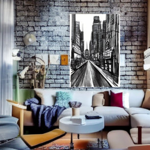 Black and white in the city street   AI Art Poster