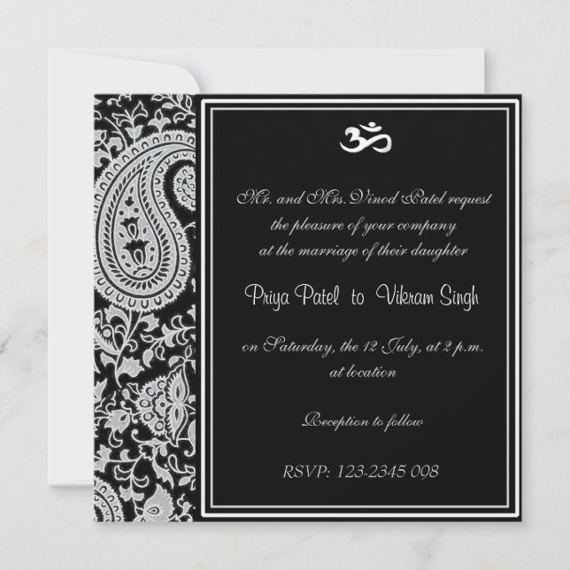 Black and White Indian Damask Hindu wedding Invitation (Front)