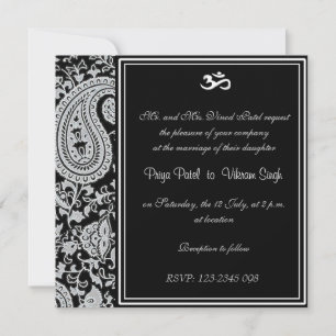 Black and White Indian Damask Hindu wedding Invitation