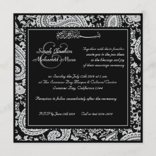 Black and white indian damask  muslim wedding invitation
