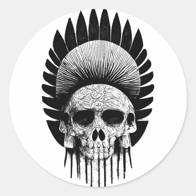 Black And White Indian Skull Classic Round Sticker (Front)