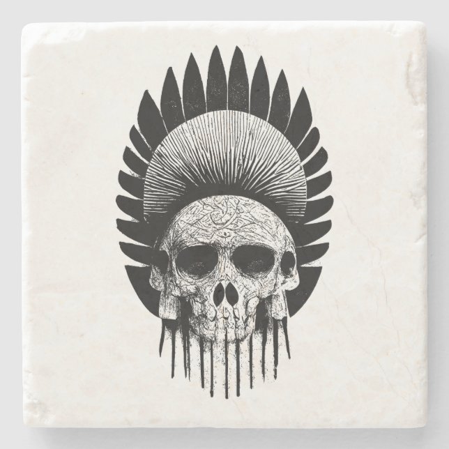 Black And White Indian Skull Stone Coaster (Front)