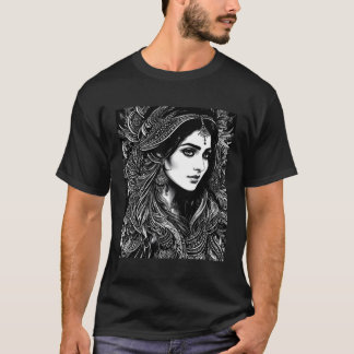 Black And White Indian With Floral Pattern T-Shirt