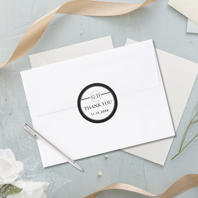 Black and white initials Thank You wedding Classic Round Sticker (Creator Uploaded)