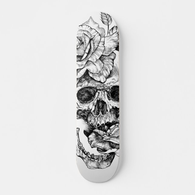 Black and White Ink Drawing Skull Skate Deck (Front)