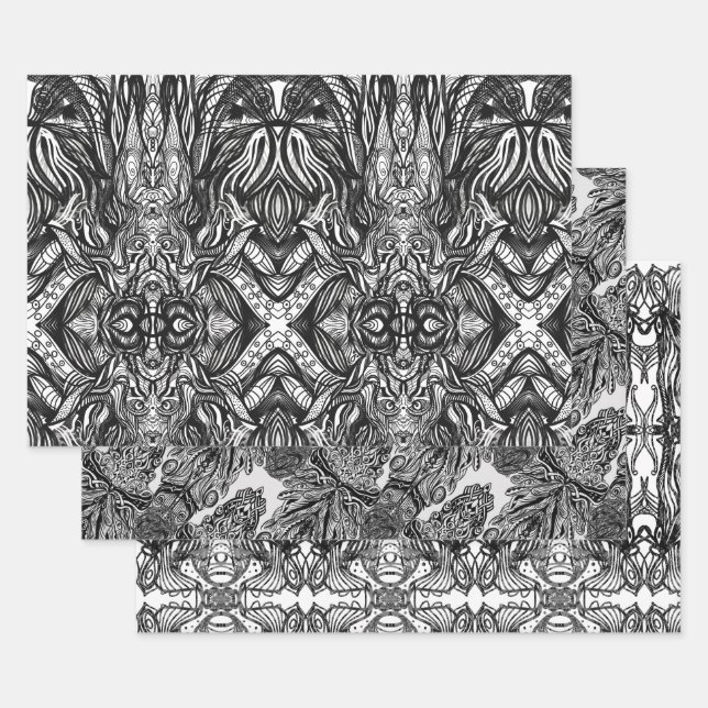 Black and White ink drawings Wrapping Paper Sheet (Set)