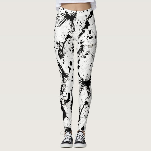 Black and White Ink Splatter Abstract Art Legging (Front)