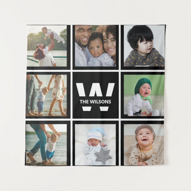 Black and White Instagram Photo Collage Monogram Tapestry (Front)