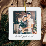 Black and White Instant Photo Style Wedding Photo Ceramic Ornament<br><div class="desc">This simple black and white Christmas photo ornament has a spot for your favourite photo,  and room for your names and wedding date in a vintage handwriting look. A sentimental and elegant keepsake for the newlywed married couple.</div>