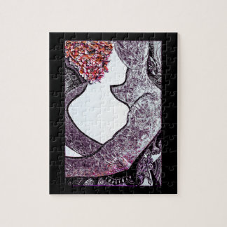 Black and white Interracial couple hugging artwork Jigsaw Puzzle