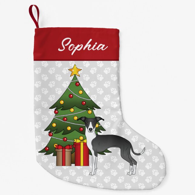 Black And White Italian Greyhound & Christmas Tree Small Christmas Stocking (Front)
