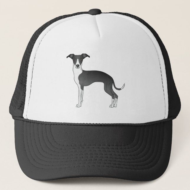 Black And White Italian Greyhound Cute Cartoon Dog Trucker Hat (Front)