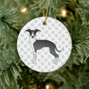 Black And White Italian Greyhound Dog With Paws Ceramic Tree Decoration