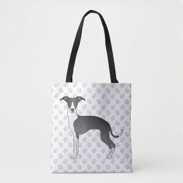 Black And White Italian Greyhound Dog With Paws Tote Bag (Front)