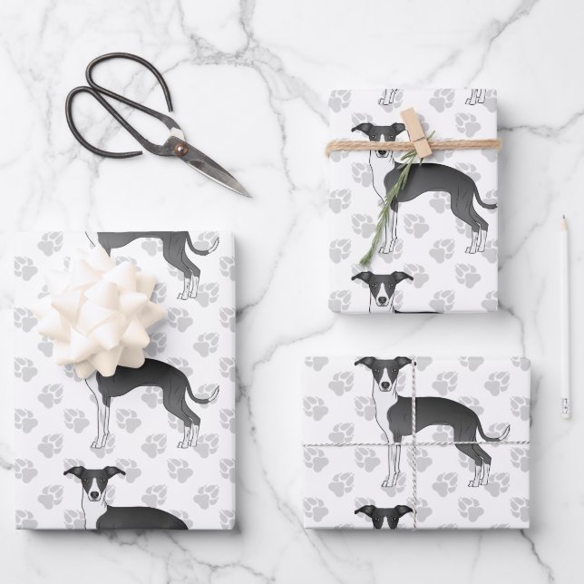 Black And White Italian Greyhound Dogs With Paws Wrapping Paper Sheet (Front)