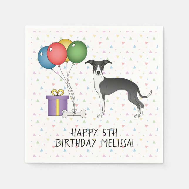 Black And White Italian Greyhound - Happy Birthday Napkin (Front)