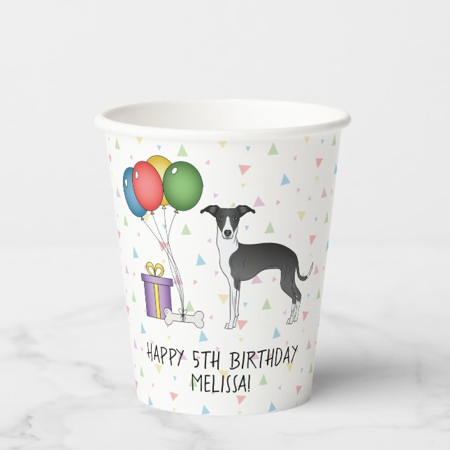 Black And White Italian Greyhound - Happy Birthday Paper Cups (Front)