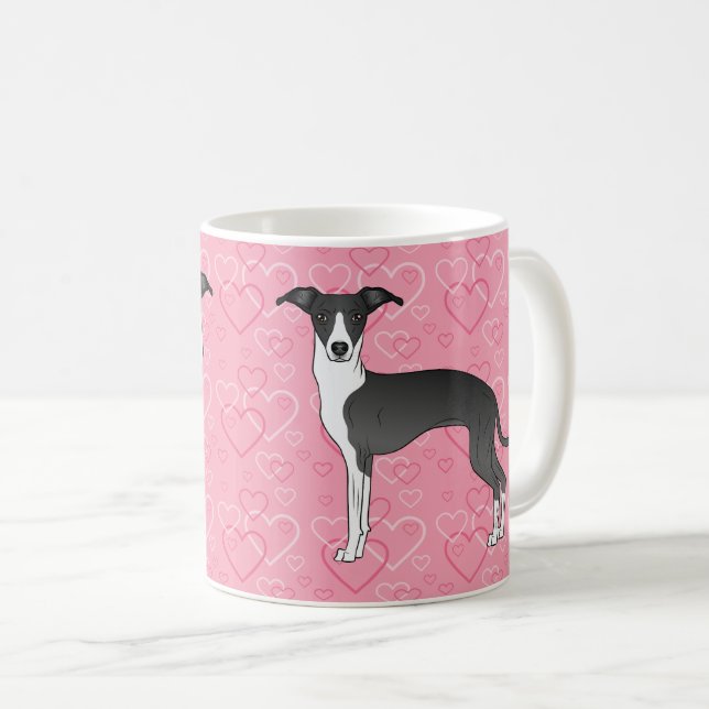 Black And White Italian Greyhound On Pink Hearts Coffee Mug (Front Right)