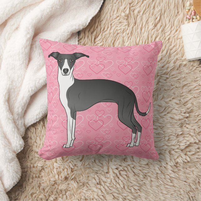 Black And White Italian Greyhound On Pink Hearts Cushion (Blanket)