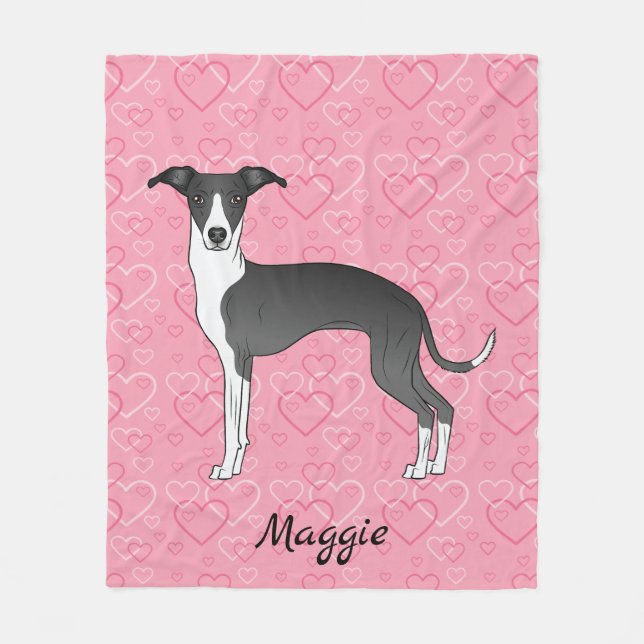 Black And White Italian Greyhound On Pink Hearts Fleece Blanket (Front)