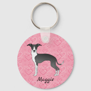 Black And White Italian Greyhound On Pink Hearts Key Ring