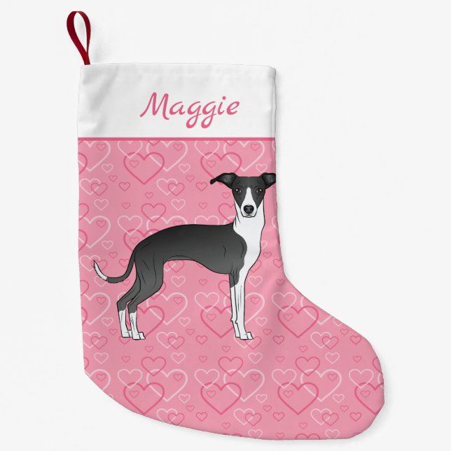 Black And White Italian Greyhound On Pink Hearts Small Christmas Stocking (Front)