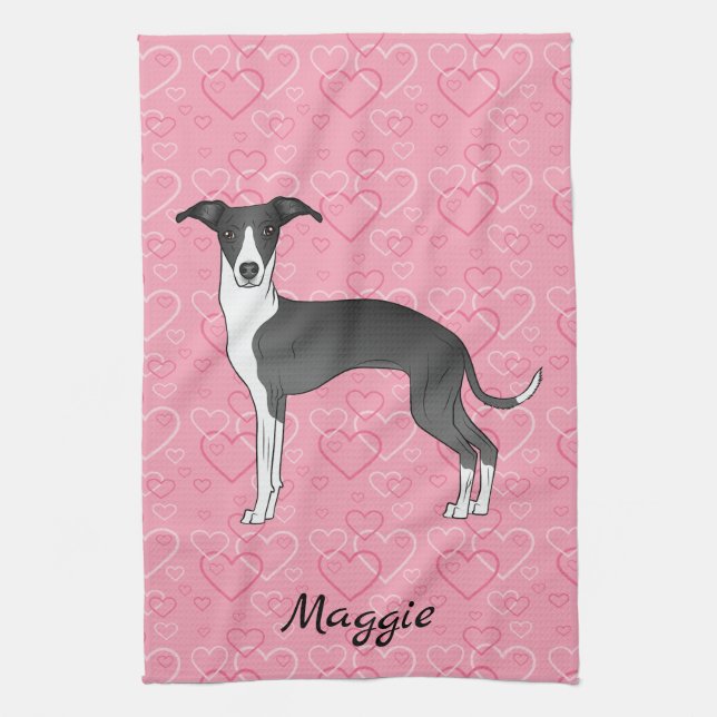 Black And White Italian Greyhound On Pink Hearts Tea Towel (Vertical)