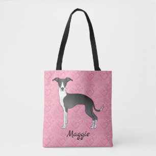 Black And White Italian Greyhound On Pink Hearts Tote Bag
