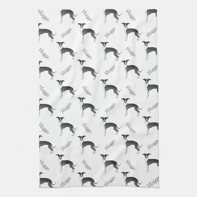 Black And White Italian Greyhound Pattern And Name Tea Towel (Vertical)